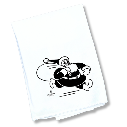 White towel with black running Santa cartoon character design on a white background